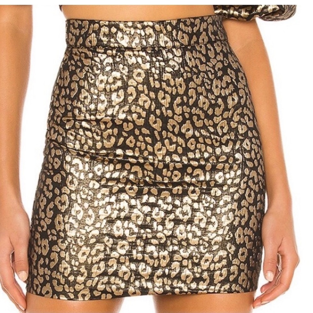NBD Dodi Leopard Jacquard Mini Skirt Size M Gold Animal Print Edgy Statement